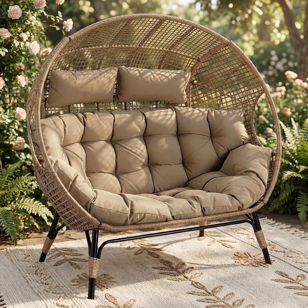 RADIATA Double Egg Chair with Ottoman, 2 Person Outdoor Wicker Loveseat