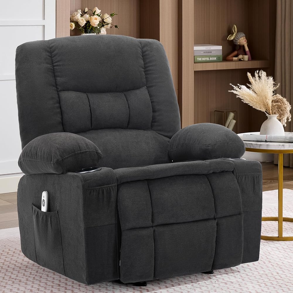 Rocker Recliner Chair with Massage and Heat, Nursery Rocking Chairs for Living Room, Ergonomic Comfy Relining Chair with Cup Holders, USB Charge Port, Side Pockets, Comfortable Arms, Single Sofa,Black